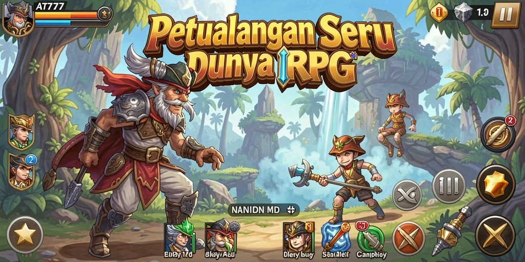 Screenshot utama AT777 menampilkan aksi seru dalam pertempuran RPG.