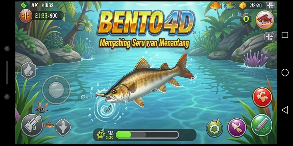 Tampilan gameplay BENTO4D dengan aktivitas memancing yang seru.