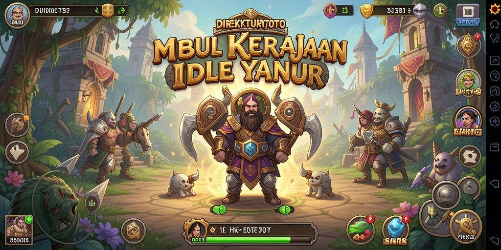 Screenshot dari gameplay DIREKTURTOTO menunjukkan kemajuan kerajaan Idle Anda.