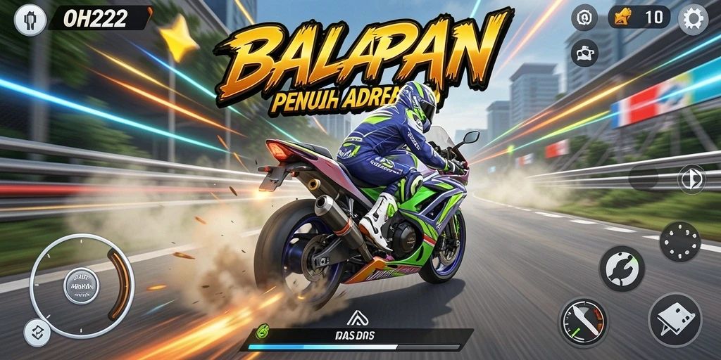 Tampilan gameplay mendebarkan dari OH222 yang menampilkan balapan motor.