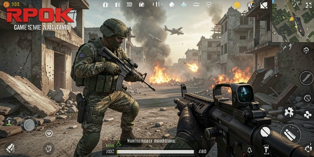 Screenshot RPOK menampilkan aksi menembak yang intens dalam pertempuran FPS.