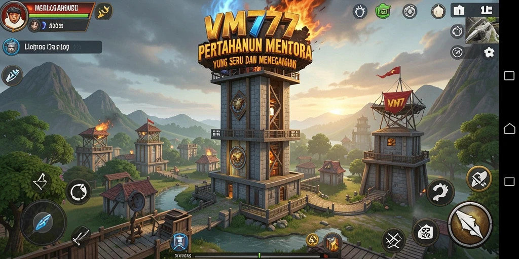 Screenshot gameplay VM777 menunjukkan pertahanan menara yang strategis dan intens.